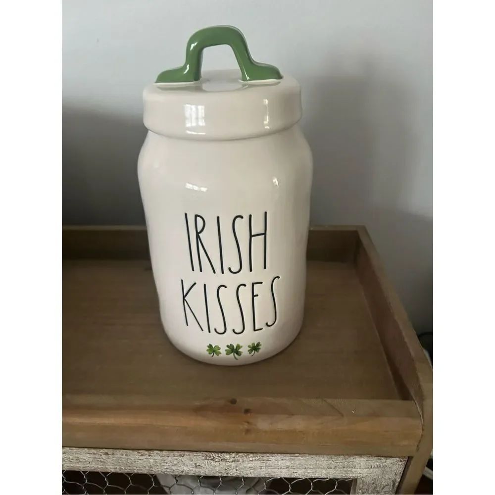 Rae Dunn IRISH KISSES Ceramic Caniste Green Shamrocks
